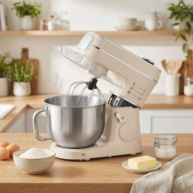 Wise Galleria Stand Mixer in cream colour with stainless steel bowl and beaters on a kitchen countertop