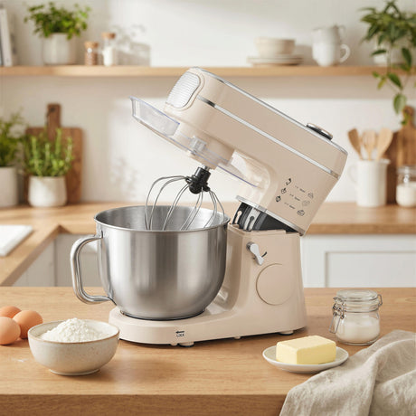 Wise Galleria Stand Mixer in cream colour with stainless steel bowl and beaters on a kitchen countertop