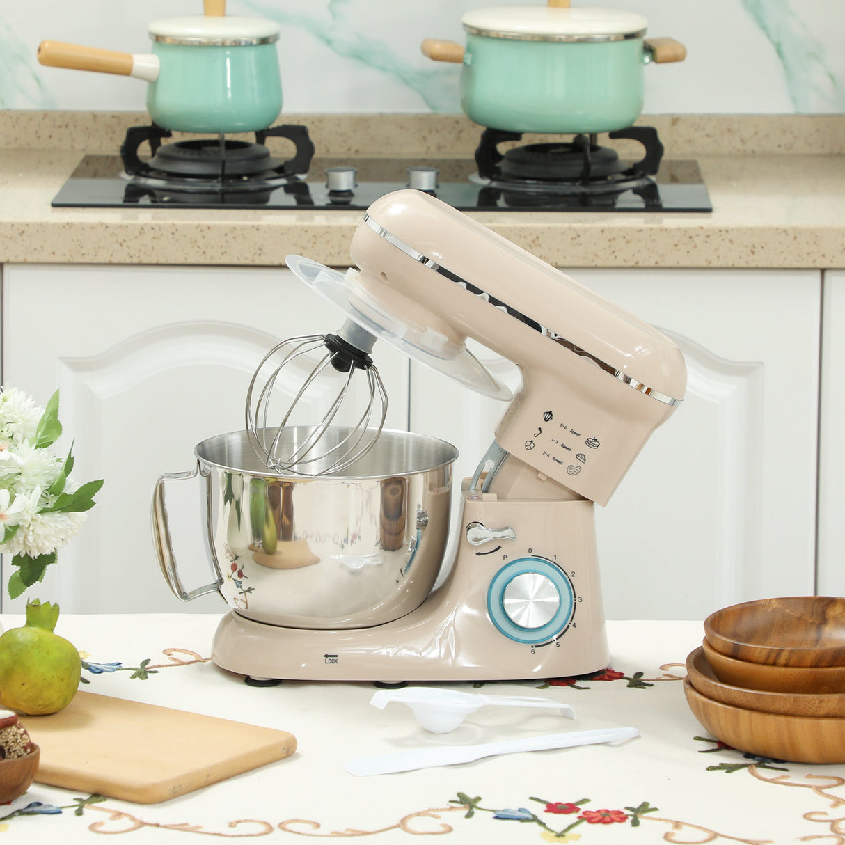 Wise Galleria Stand Mixer in cream with stainless steel bowl and whisk, perfect for baking and mixing