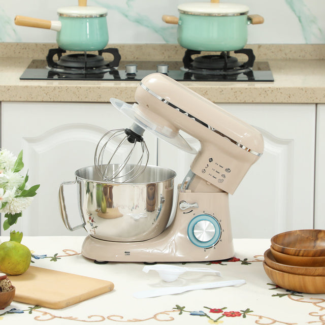 Wise Galleria Stand Mixer in cream with stainless steel bowl and whisk, perfect for baking and mixing