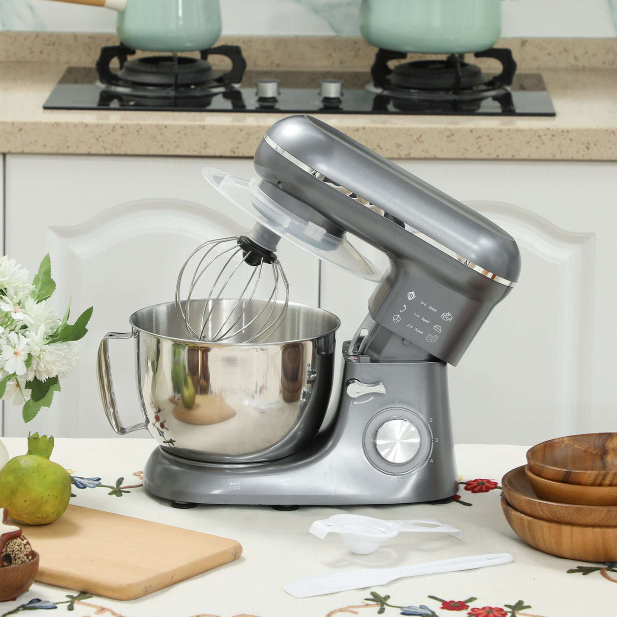 Wise Galleria Stand Mixer in Silver with Stainless Steel Mixing Bowl and Whisk Attachment