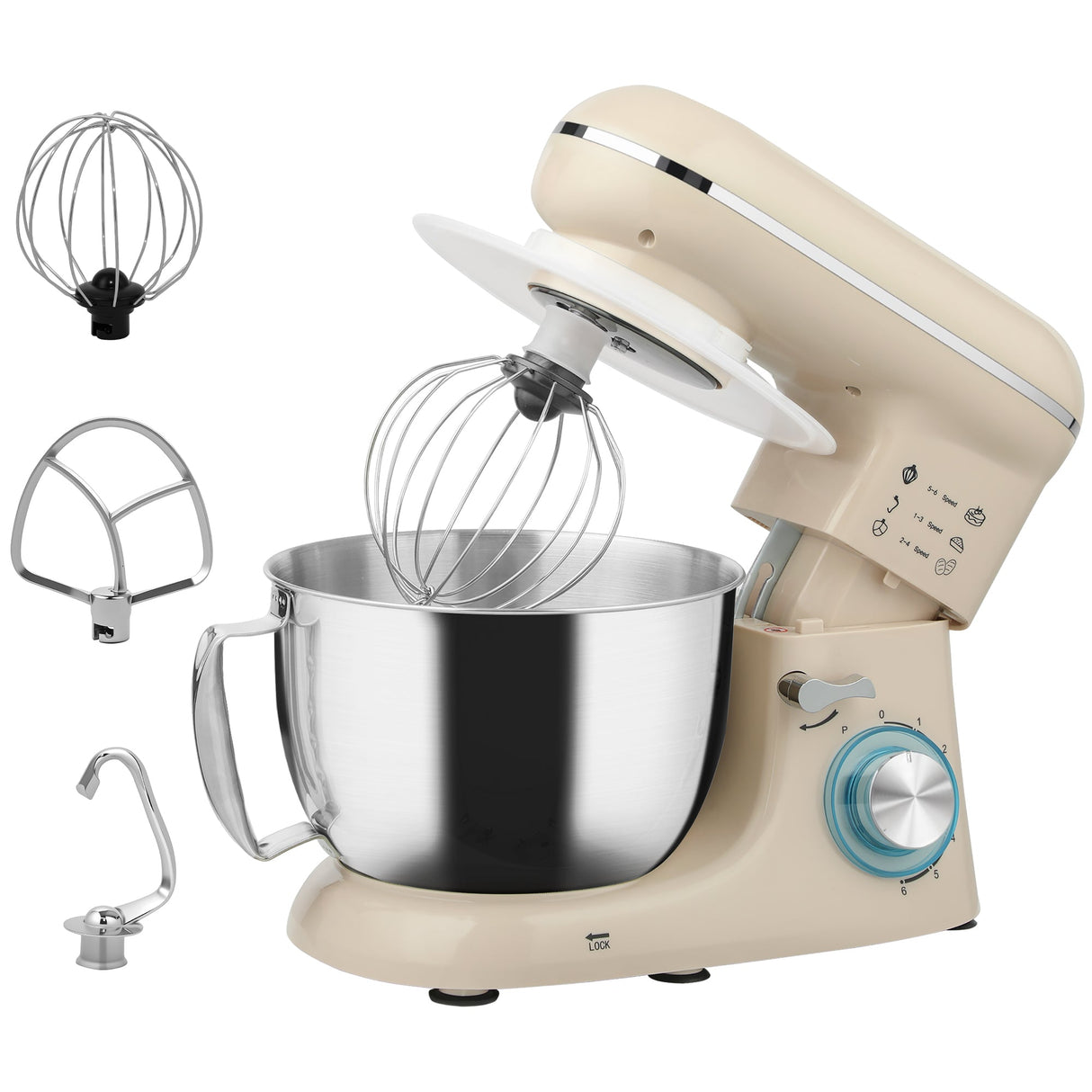 Wise Galleria Stand Mixer in cream with stainless steel bowl and various attachments for versatile baking