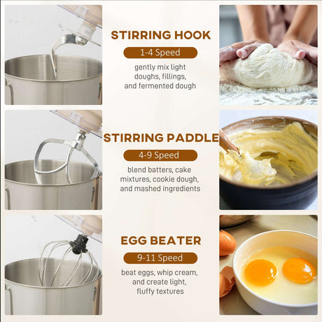 Wise Galleria Stand Mixer with stirring hook, paddle, and egg beater for versatile cooking tasks