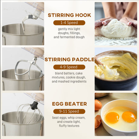 Wise Galleria Stand Mixer with stirring hook, paddle, and egg beater for versatile cooking tasks