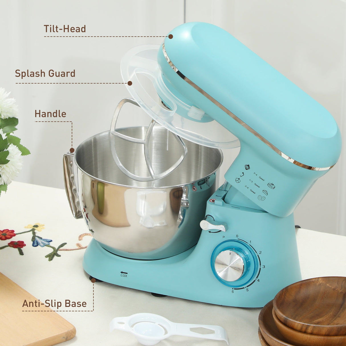 Wise Galleria Stand Mixer in Blue with Stainless Steel Bowl and Splash Guard for Baking