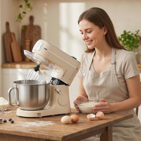 Wise Galleria Stand Mixer with stainless steel bowl and whisk attachment in a bright kitchen setting