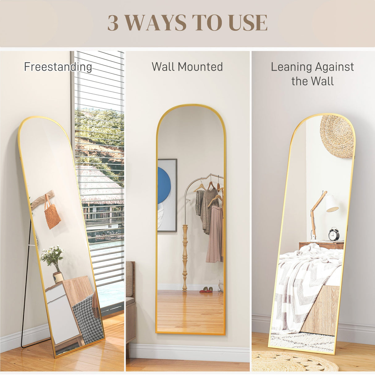 Wise Galleria Standing Mirror in three configurations: freestanding, wall mounted, and leaning against the wall