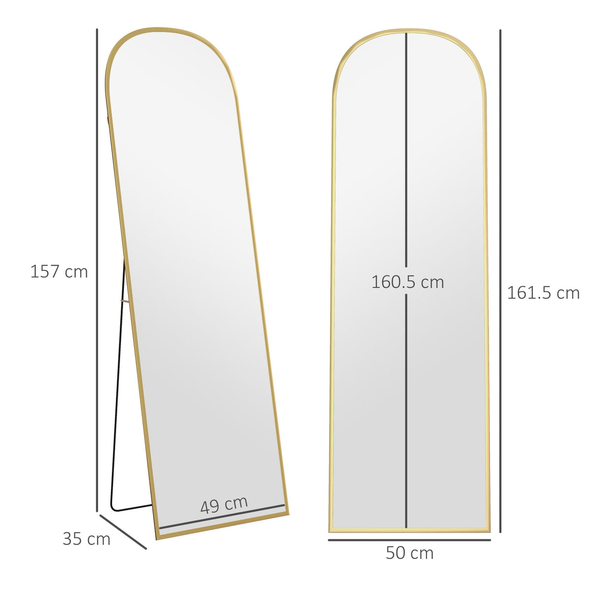 Elegant standing mirror with a gold frame and a height of 157 cm for stylish home decor