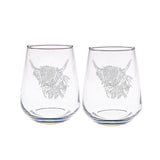 Set of two Selbrae House stemless glasses with a Highland cow engraving