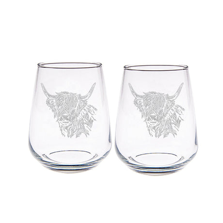 Set of two Selbrae House stemless glasses with a Highland cow engraving