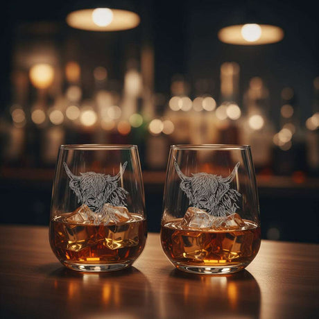 Selbrae House Stemless Glasses featuring Highland Cow Design, perfect for enjoying whiskey or cocktails