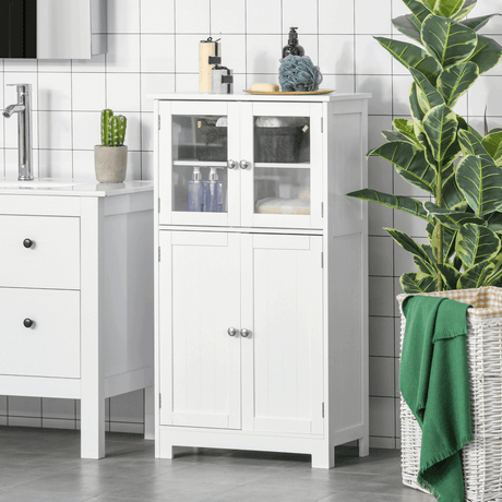 Bathroom Floor Storage Cabinet with Tempered Glass Doors White kleankin