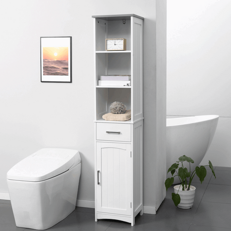 Tall Bathroom Storage Cabinet, Slim Freestanding Linen Tower, White Unbranded