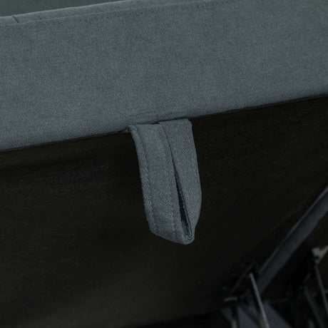 Close-up of a grey fabric Storage Sofa featuring a convenient handle for easy adjustment