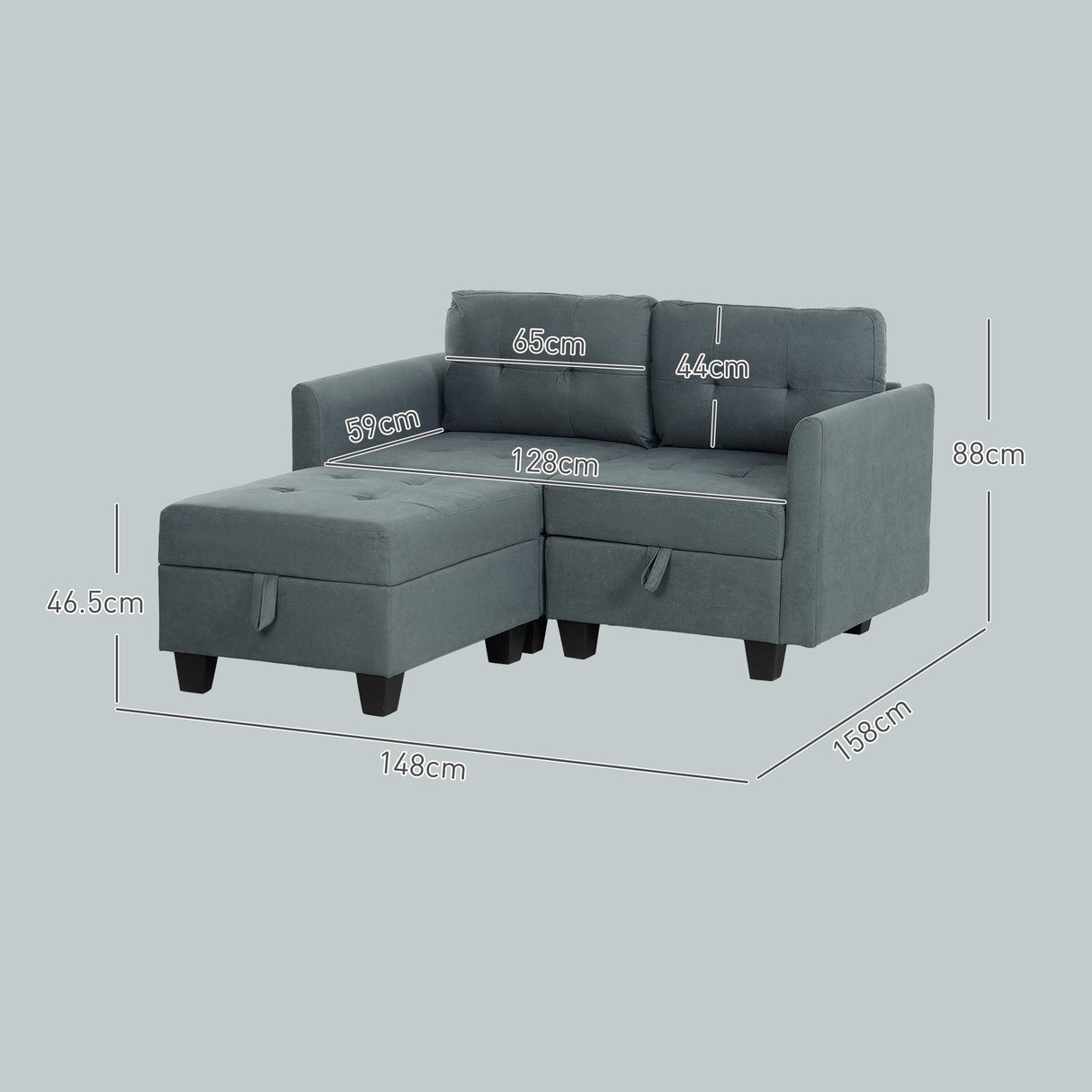 Wise Galleria Storage Sofa in Grey with Buttons and Convenient Storage Space, Ideal for Small Living Rooms