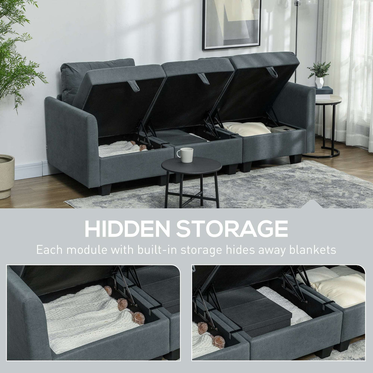 Wise Galleria Storage Sofa with hidden compartments for blankets and cushions in a stylish living room setting