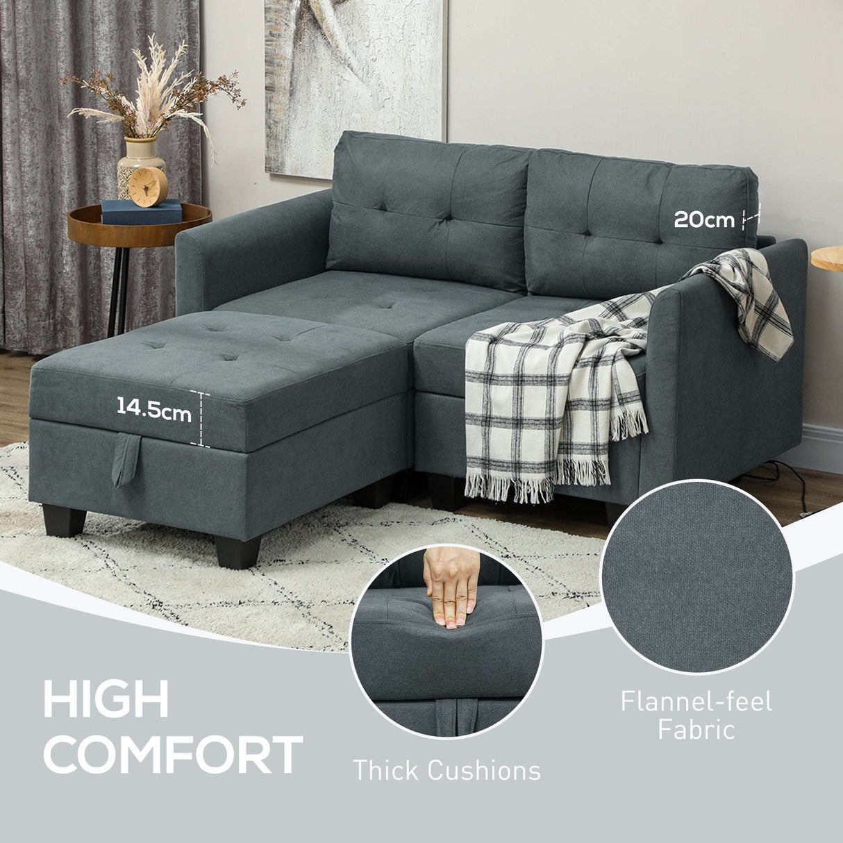 Wise Galleria Storage Sofa with thick cushions and flannel-feel fabric for high comfort