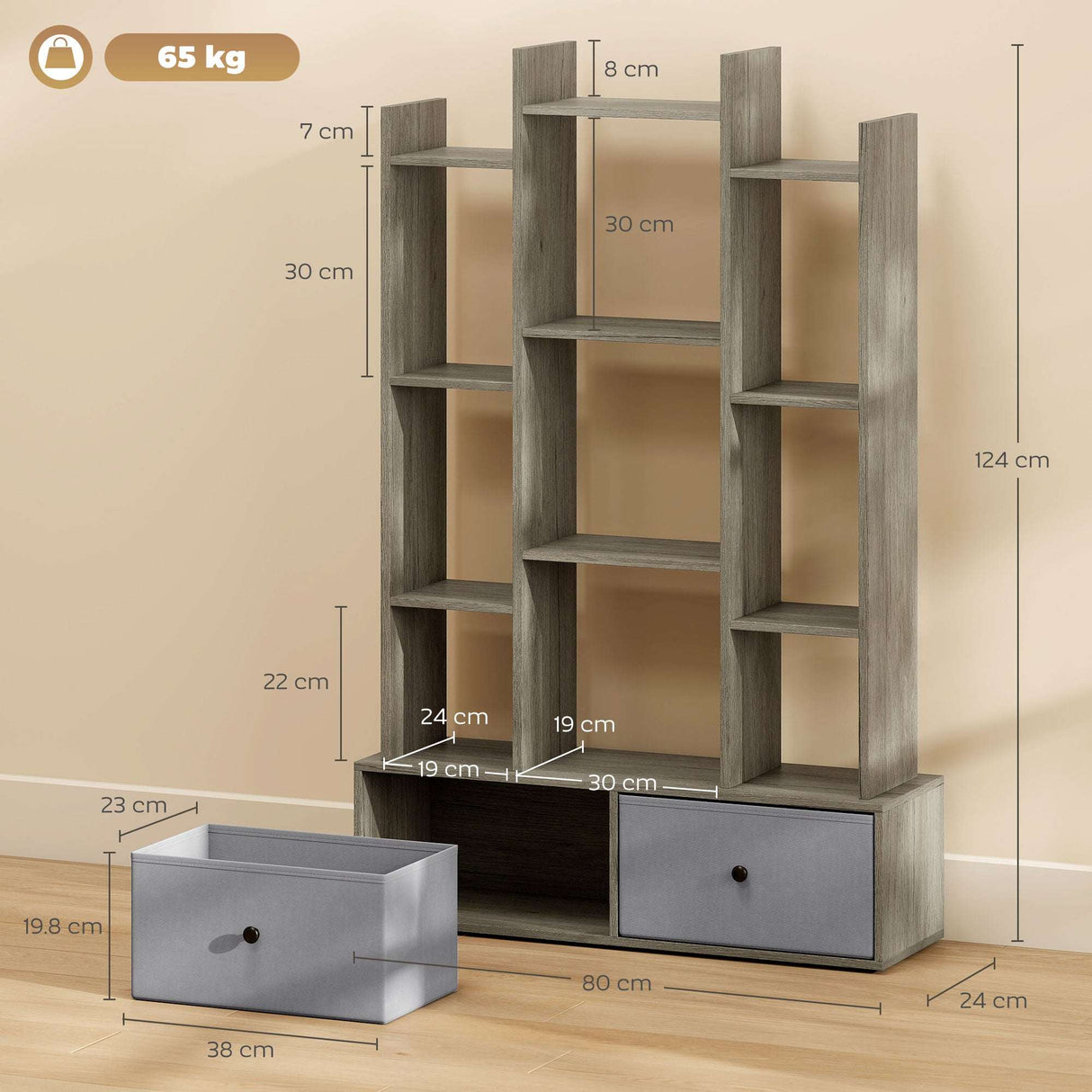 Stylish storage unit with multiple shelves and two grey drawers for organisation in modern home decor