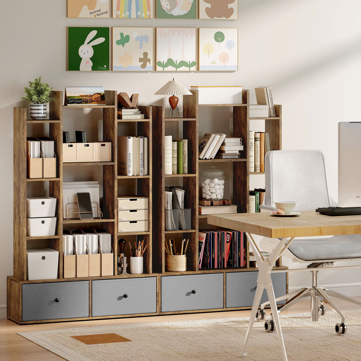 Stylish wooden storage unit with shelves and drawers for an organised workspace