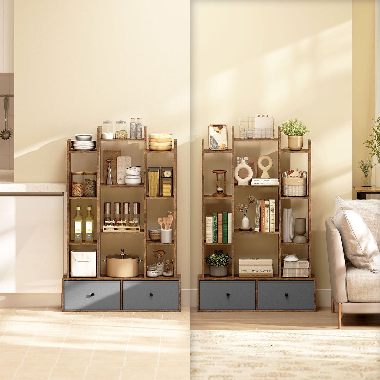 Stylish wooden Storage Unit with open shelves and drawers for organising kitchen essentials