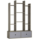 Modern wooden storage unit with open shelves and two grey drawers for stylish organisation