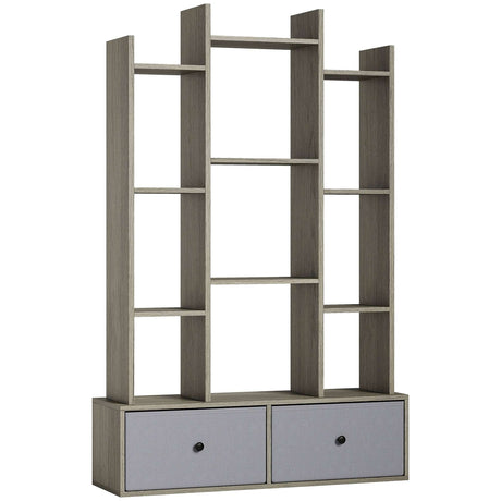 Modern wooden storage unit with open shelves and two grey drawers for stylish organisation