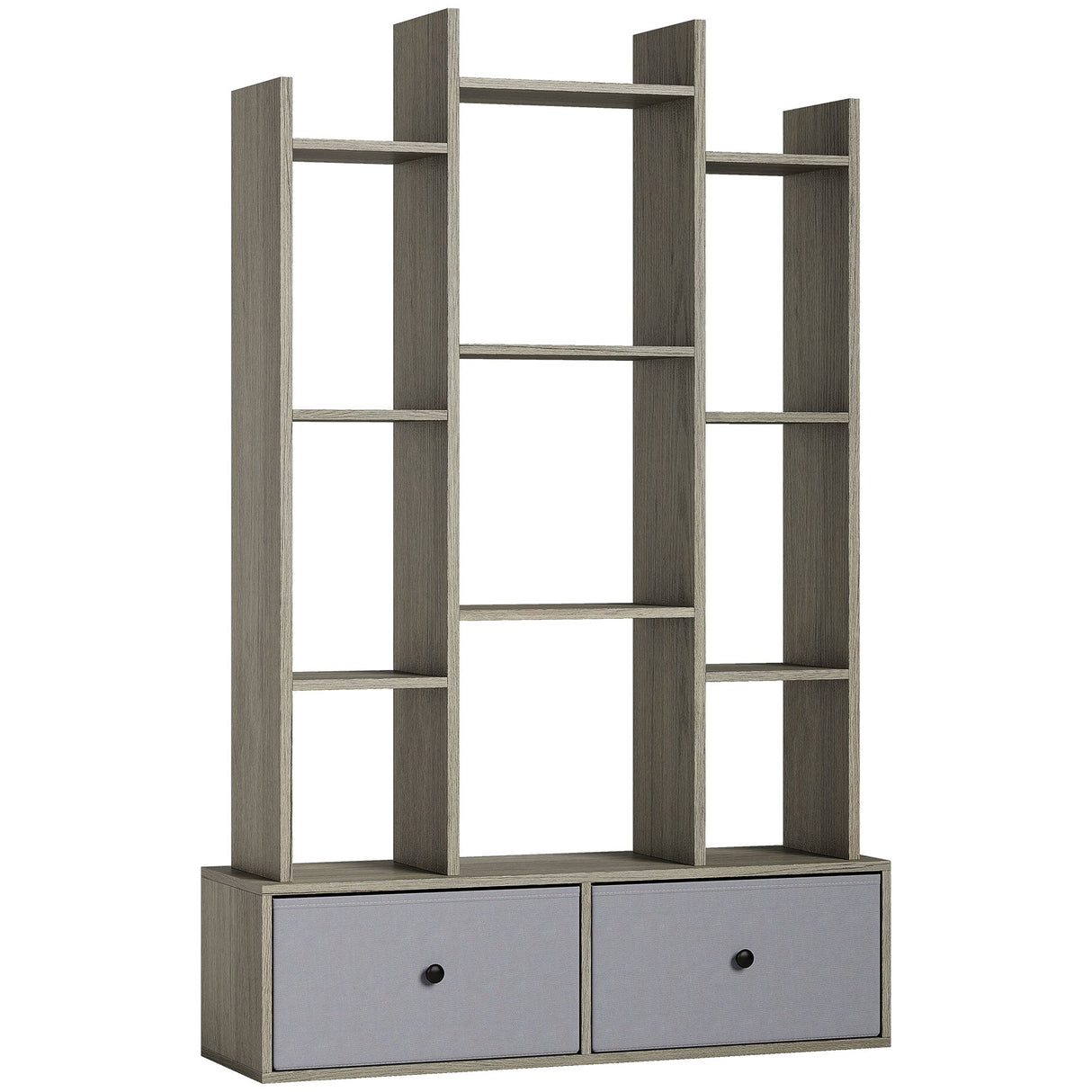 Modern wooden storage unit with open shelves and two grey drawers for stylish organisation