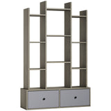 Modern wooden storage unit with open shelves and two grey drawers for stylish organisation