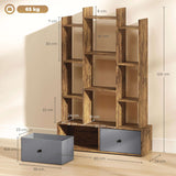Wooden storage unit with nine shelves and two fabric drawers for organised storage and display