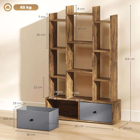 Wooden storage unit with nine shelves and two fabric drawers for organised storage and display