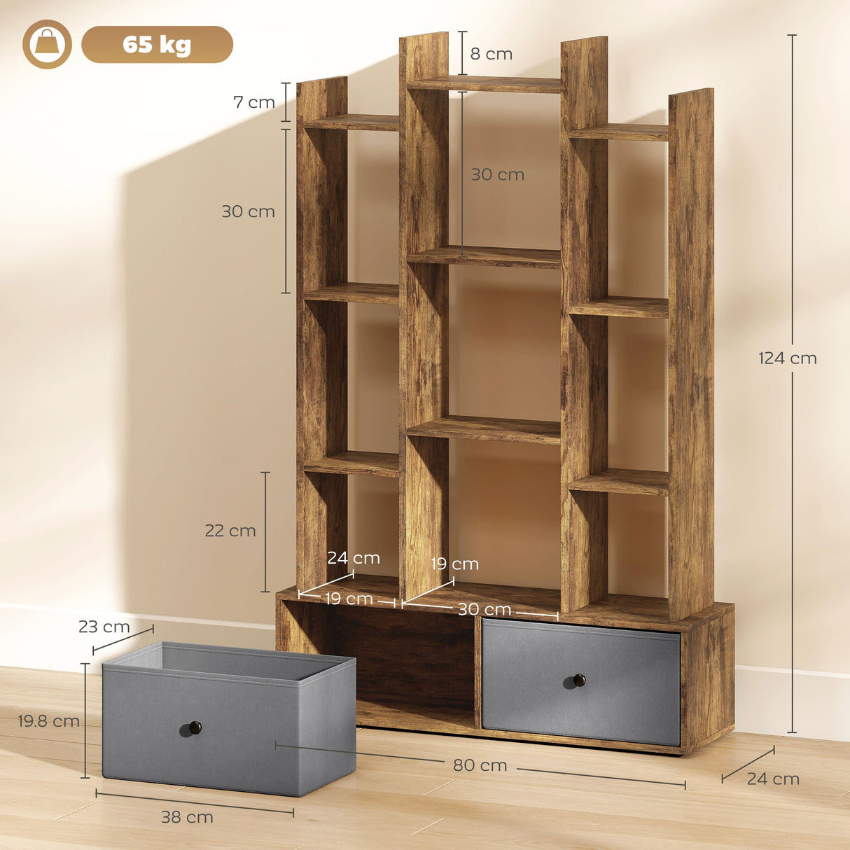 Wooden storage unit with nine shelves and two fabric drawers for organised storage and display