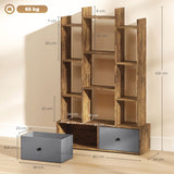 Wooden storage unit with nine shelves and two fabric drawers for organised storage and display