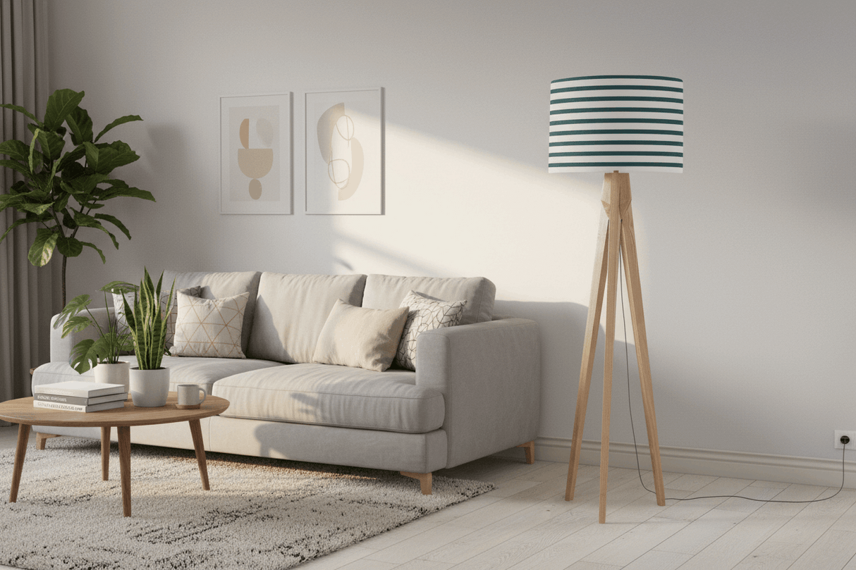 Shadow Bright striped lampshade on a stylish floor lamp in a modern living room setting