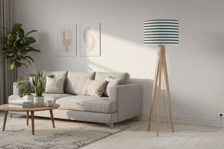 Shadow Bright striped lampshade on a stylish floor lamp in a modern living room setting