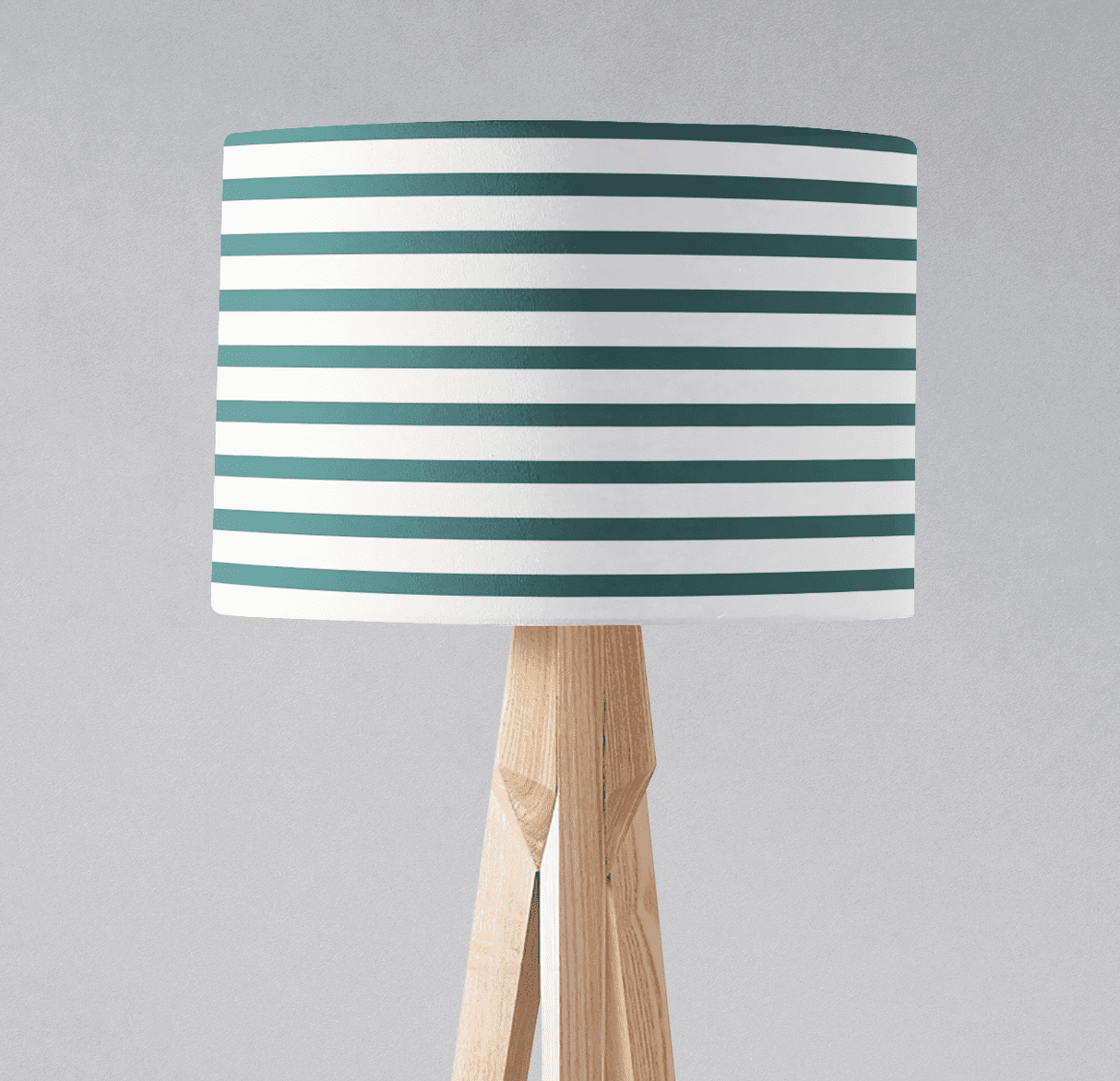 Shadow Bright Lampshade with teal and white stripes on a wooden lamp base
