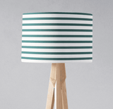 Shadow Bright Lampshade with teal and white stripes on a wooden lamp base