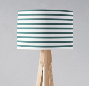 Shadow Bright Lampshade with teal and white stripes on a wooden lamp base