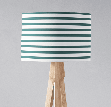 Shadow Bright Lampshade with teal and white stripes on a wooden lamp base