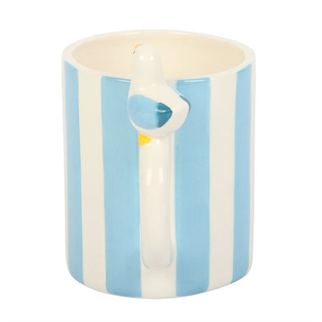 Striped Mug in blue and white with a cute bird handle for a cheerful beverage experience