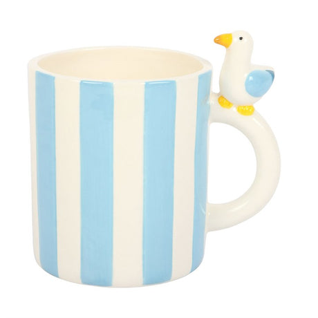 Striped Mug with Blue and White Stripes and Cute Seagull Handle Detail