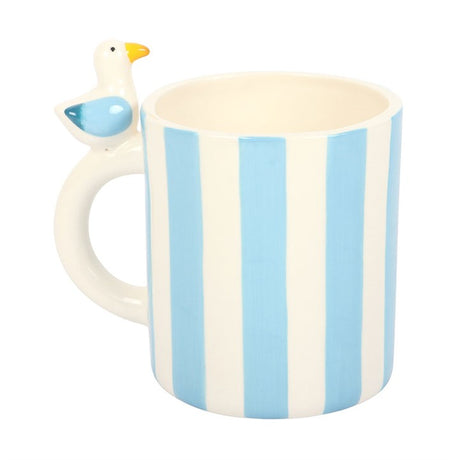 Striped Mug with Blue and White Stripes featuring a Seagull Handle for a Coastal Touch
