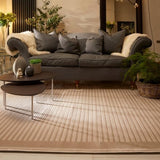 Elegant Striped Rug in a modern living room setting beneath a grey sofa with cushions