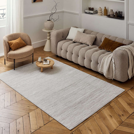 Stylish Striped Rug in a modern living room with neutral tones and elegant furnishings