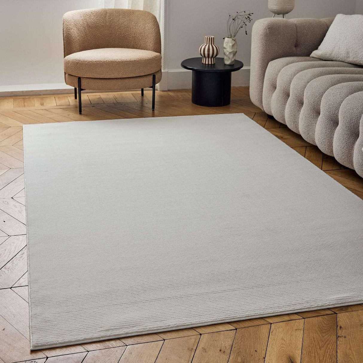 Modern Striped Rug in Soft Grey, perfect for enhancing living room decor