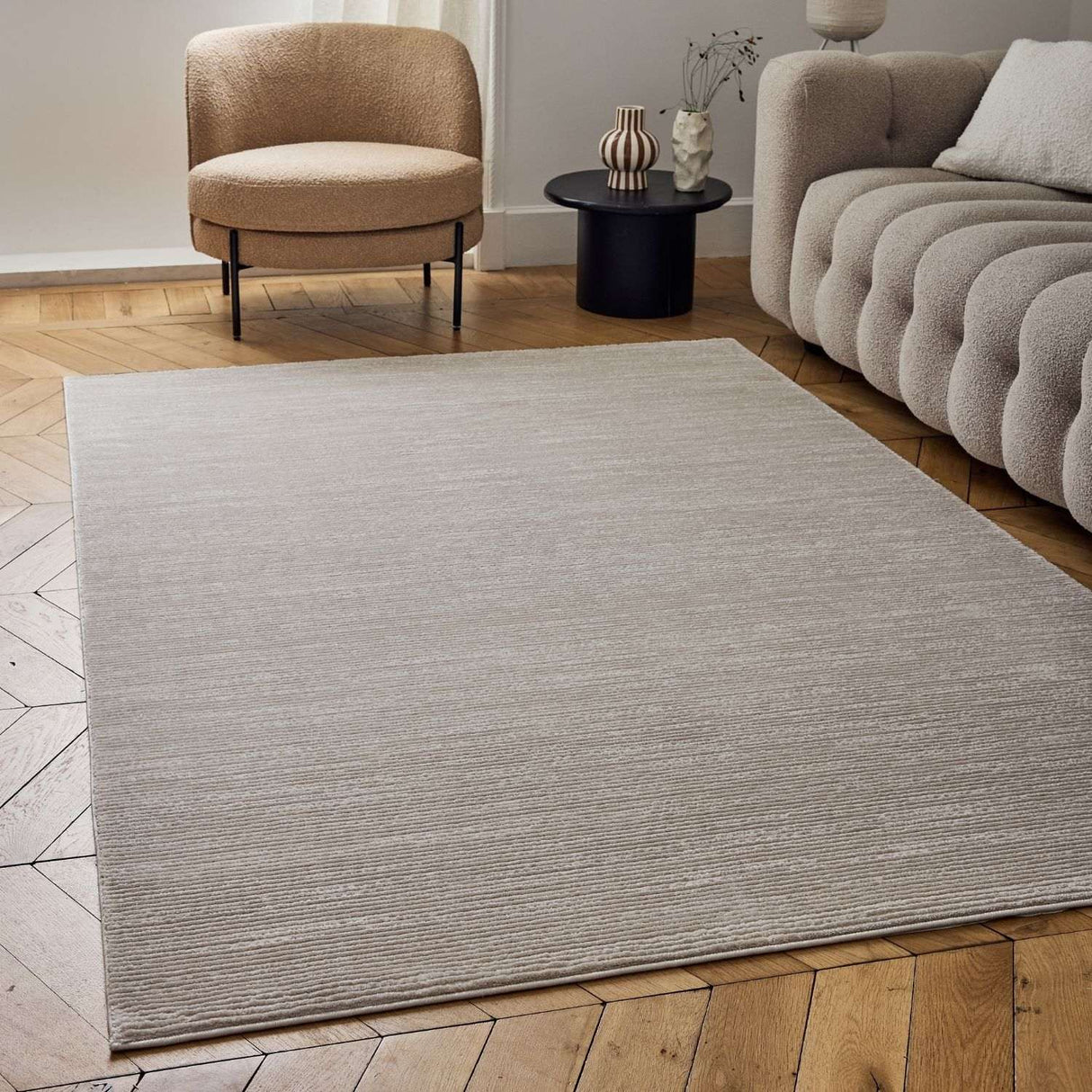 Stylish Striped Rug in neutral tones for modern living room decor and comfort