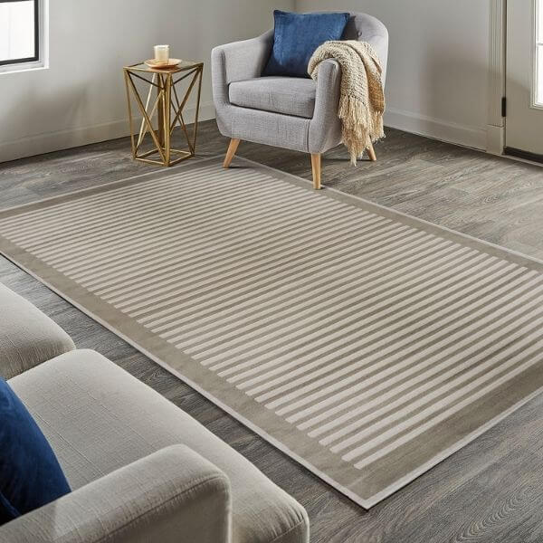 Elegant striped rug with subtle grey tones, ideal for modern home decor