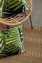 Orsina Striped Rug with natural texture, paired with vibrant botanical cushions