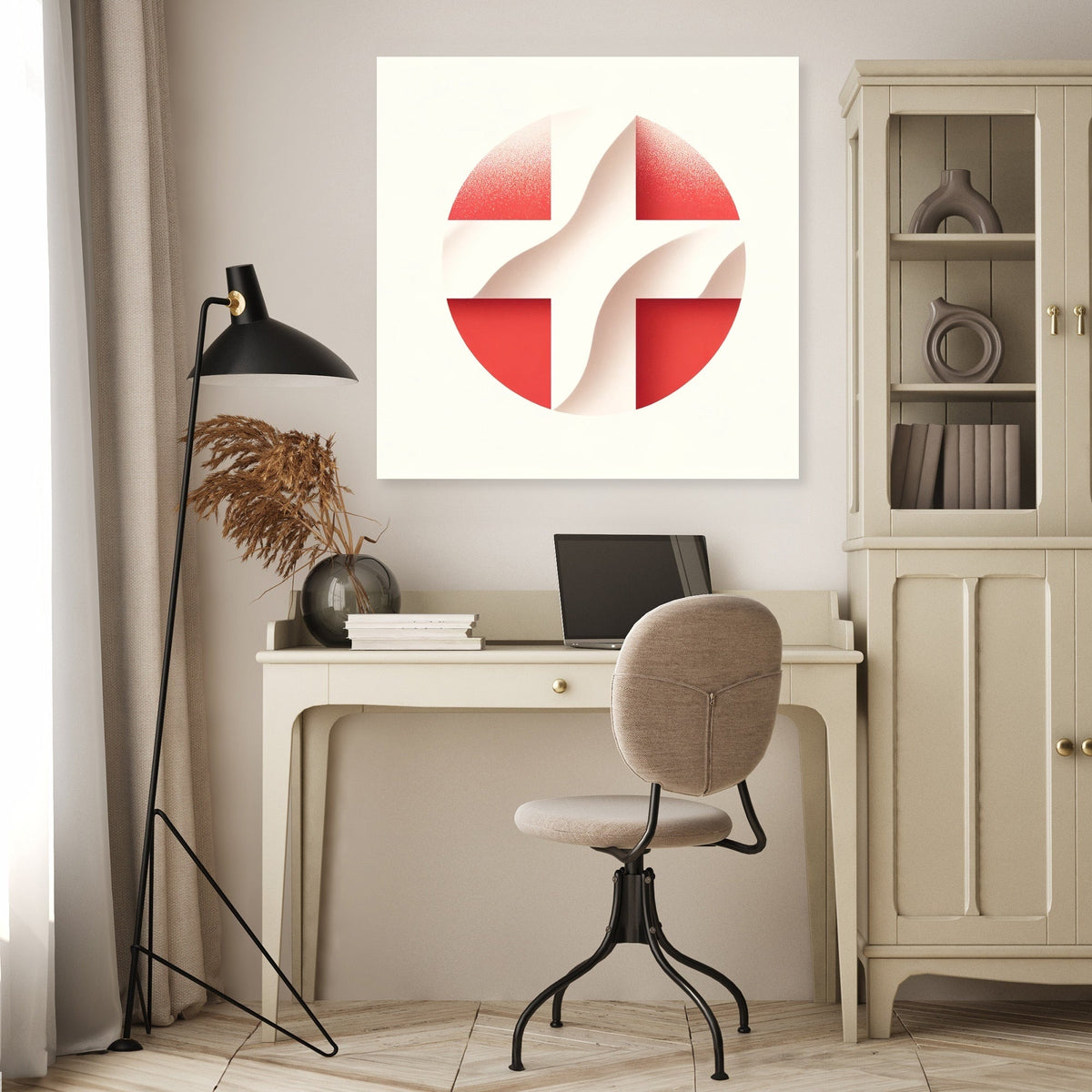 Abstract Wall Art Canvas with a modern geometric design in red and white, enhancing home decor