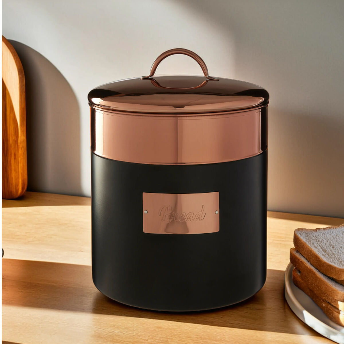 Orsina Bread Bin in black with a copper lid and elegant branding for stylish kitchen storage