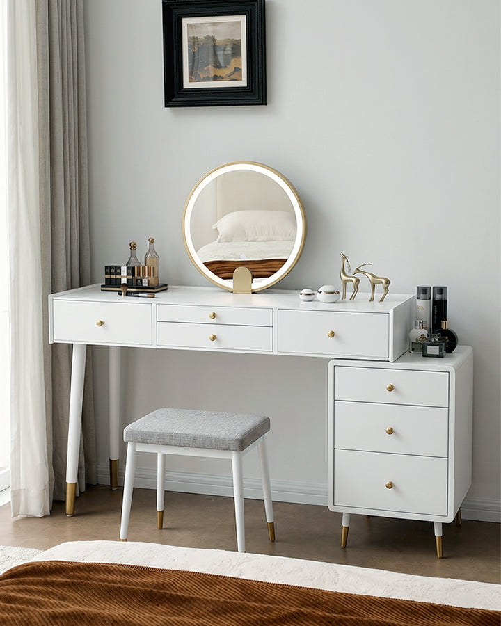 Le Di Vita modern Dressing Table with round mirror, drawers, and stylish stool for elegant bedroom decor